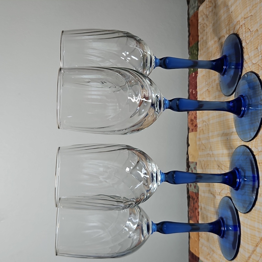 4pc Set Vintage Wine Glass Cobalt Blue Stem Dual Swag Draped Glasses
